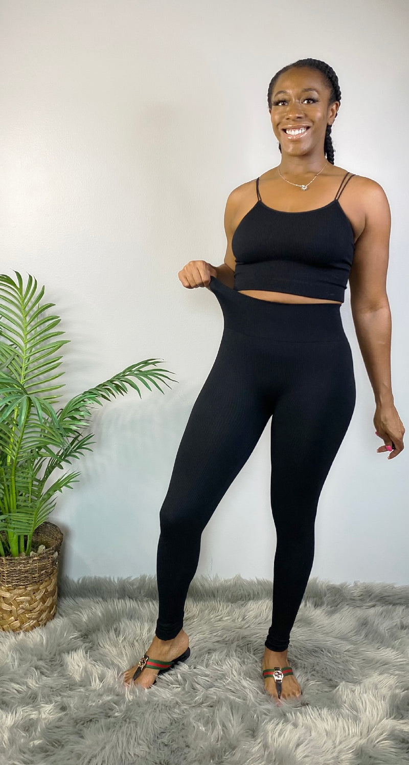 Ribbed Seamless High Waisted Full-Length Leggings-black – Bodied Clothing