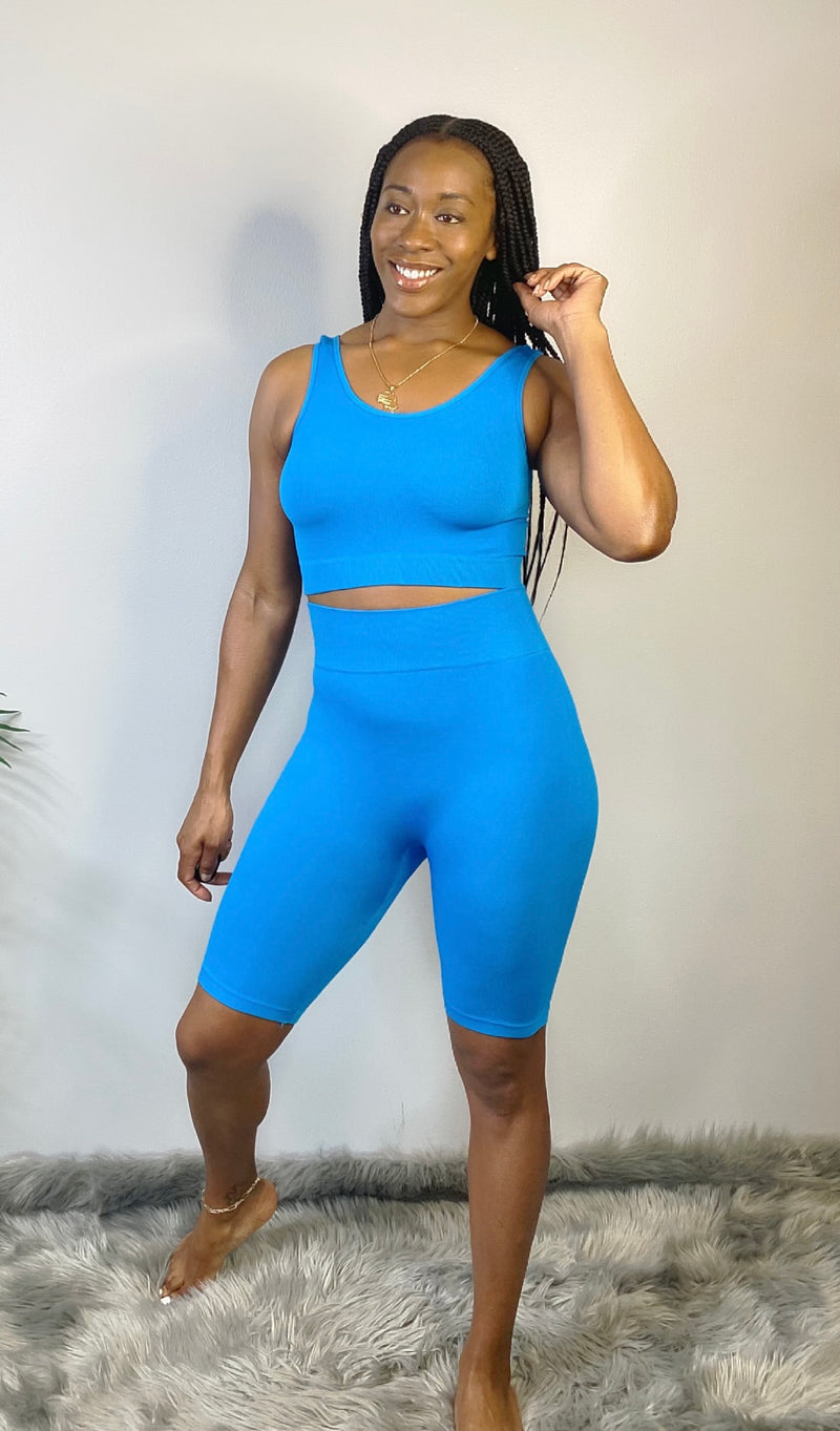 Seamless high waisted active biker shorts-blue – Bodied Clothing