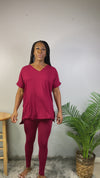 FALL PREMIUM MICROFIBER V NECK LOUNGE TOP ONLY-wine
