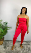 SMOCKED TUBE TOP & LOUNGE JOGGER PANTS SET- Red - Bodied Clothing
