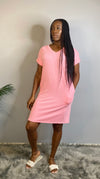 ROLLED SHORT SLEEVE V-NECK T SHIRT DRESS WITH SIDE POCKETS-pink