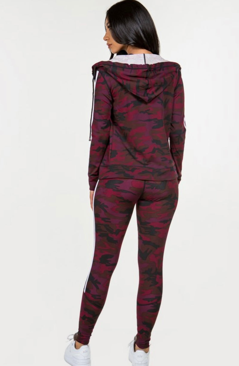 Camouflage 3pc Activewear Set-burgundy