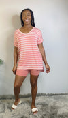 Striped V Neck Hi low Tunic Top ONLY-coral
