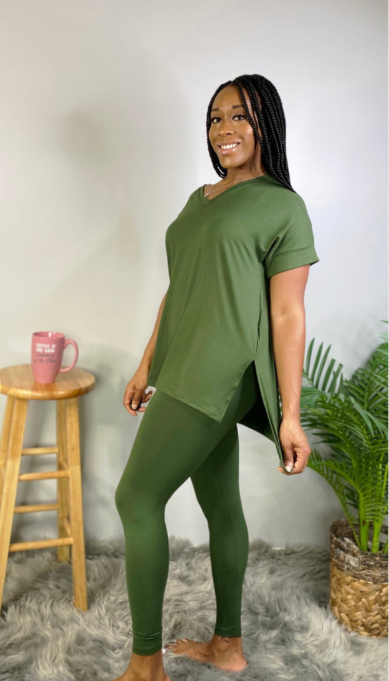 FALL PREMIUM MICROFIBER V NECK LOUNGE TOP ONLY-Olive