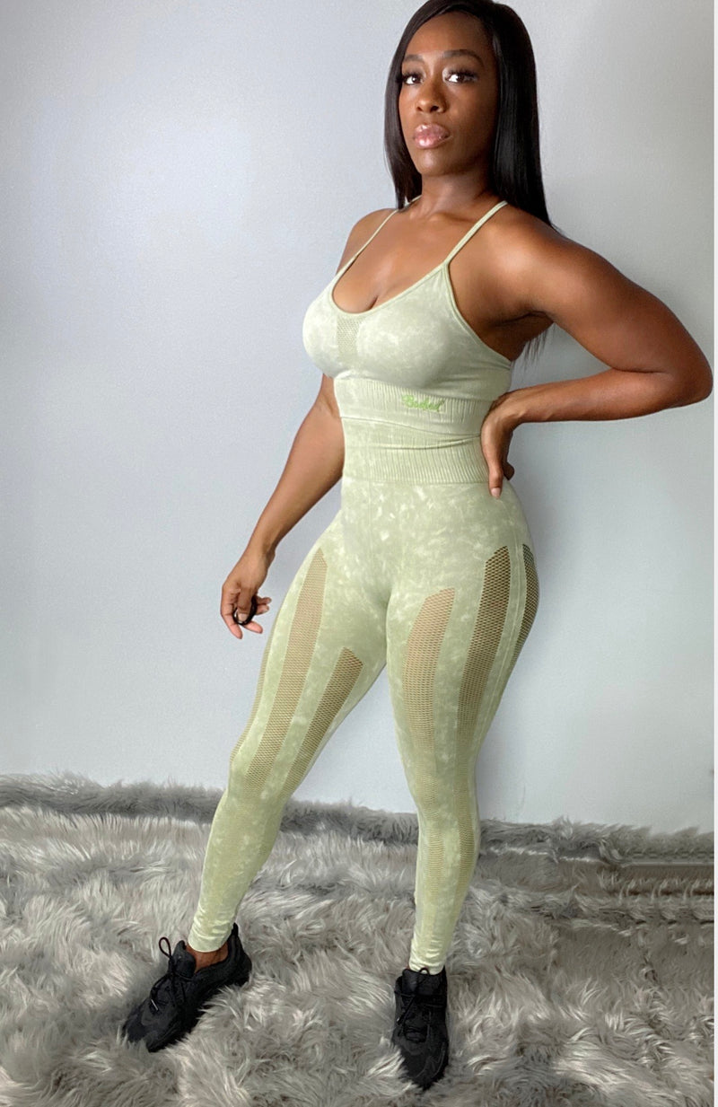 OLIVE MINERAL WASH HIGH WAIST FULL LENGTH SIDE MESH LEGGINGS - Bodied Clothing