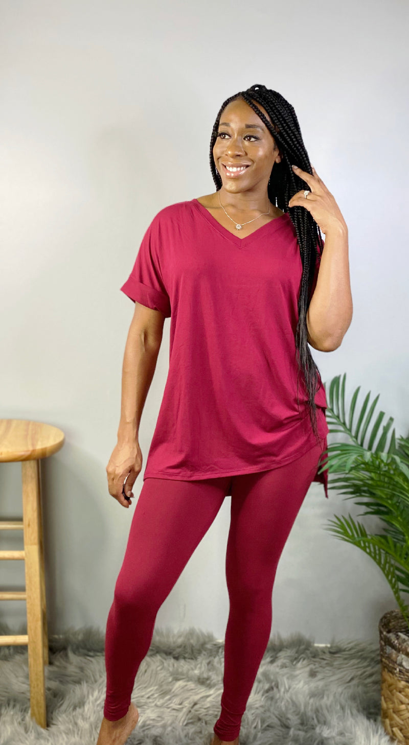 FALL PREMIUM MICROFIBER V NECK LOUNGE TOP ONLY-wine