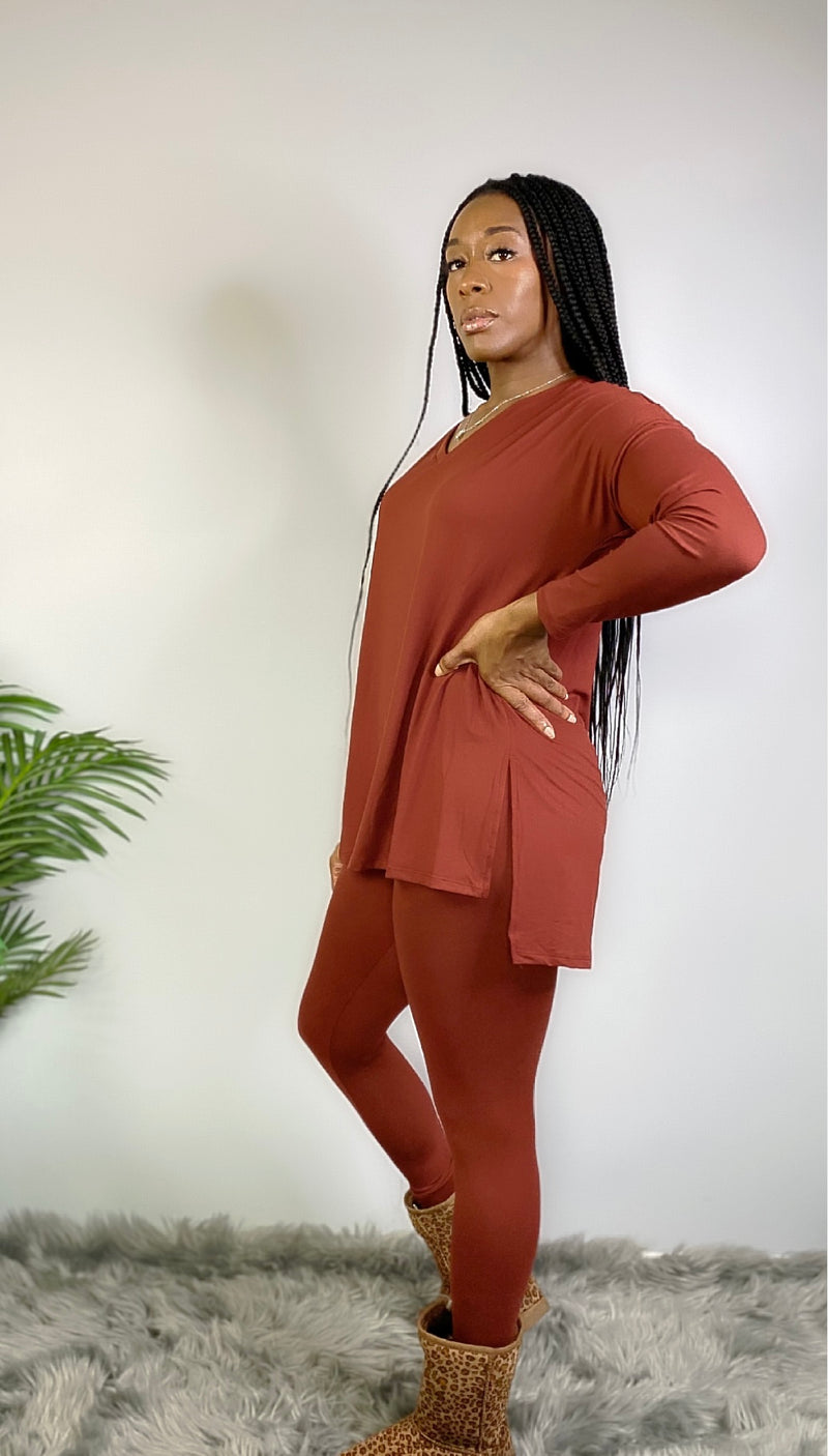 FALL PREMIUM MICROFIBER V NECK LOUNGE LONG SLEEVED TOP ONLY-dk rust