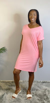ROLLED SHORT SLEEVE V-NECK T SHIRT DRESS WITH SIDE POCKETS-pink